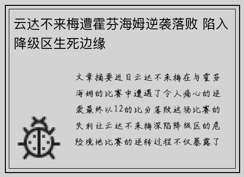 云达不来梅遭霍芬海姆逆袭落败 陷入降级区生死边缘