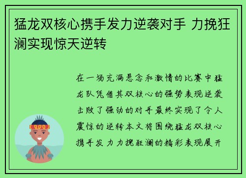 猛龙双核心携手发力逆袭对手 力挽狂澜实现惊天逆转